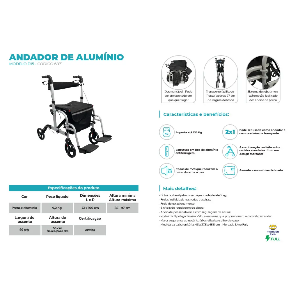 Imagem de ficha técnica completa do andador modelo D15