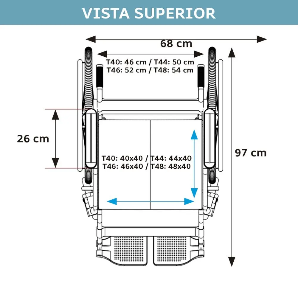 Vista superior com medidas da cadeira de rodas D400